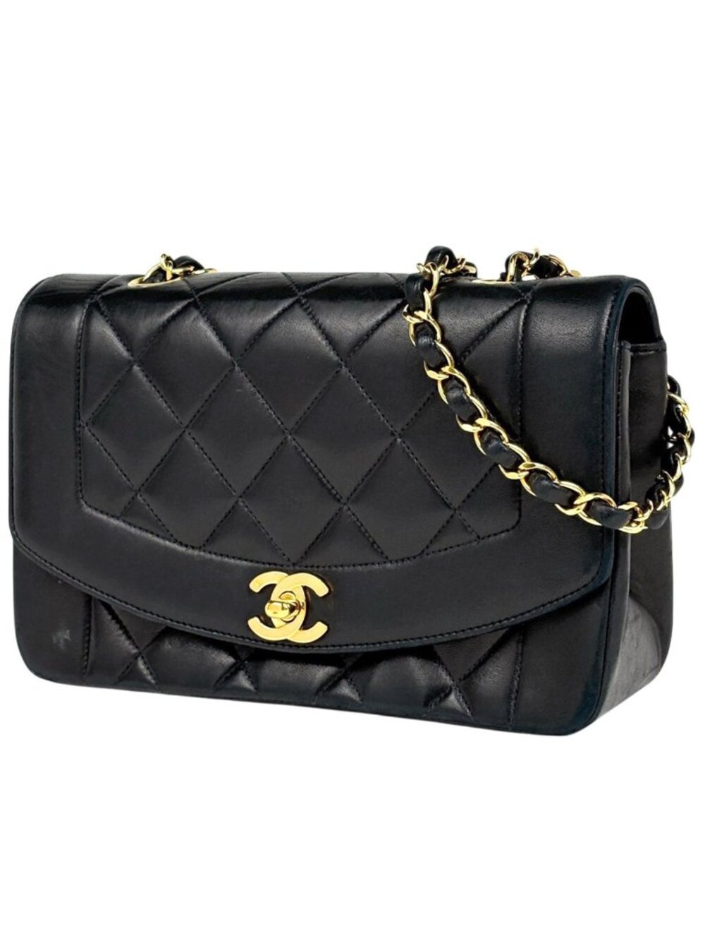 Chanel Diana Quilted Single Flap Chain Shoulder Bag CC Logo Leather Black